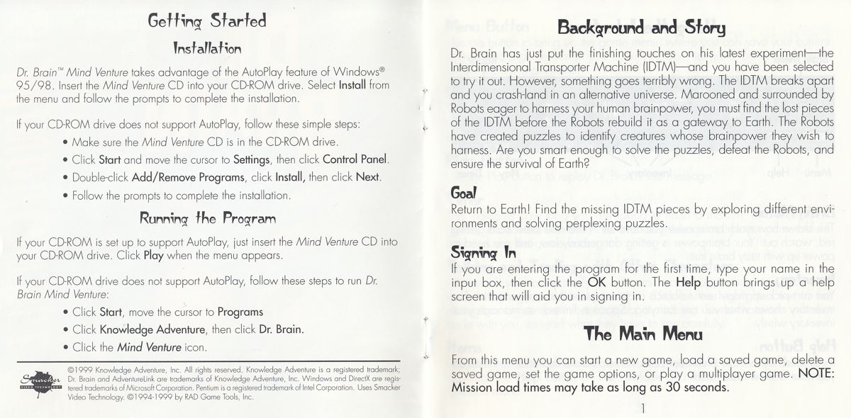 Manual for Dr. Brain Thinking Games: IQ Adventure (Windows) (Mindventure re-release): Interior Pages (2-3)