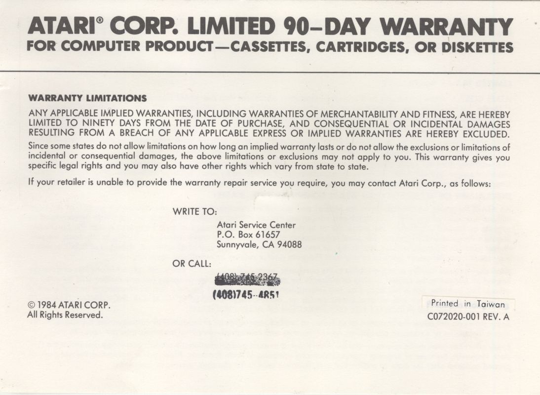 Other for Robotron: 2084 (Atari 8-bit): Registration cared