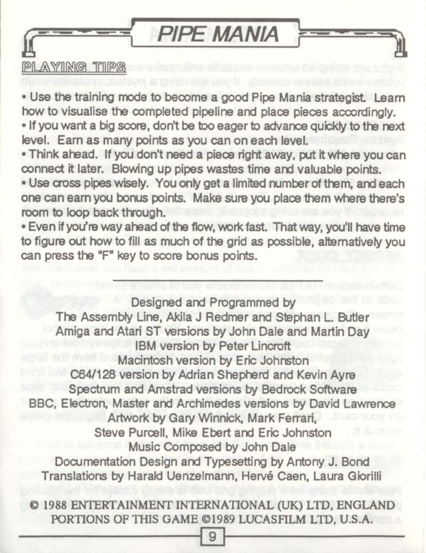 Manual for Pipe Dream (ZX Spectrum): back