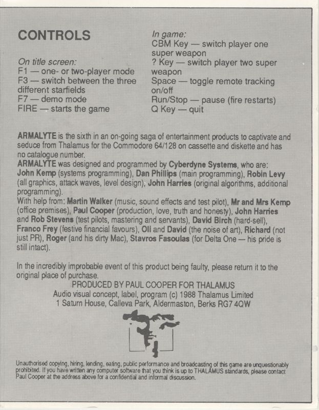 Inside Cover for Armalyte (Commodore 64)