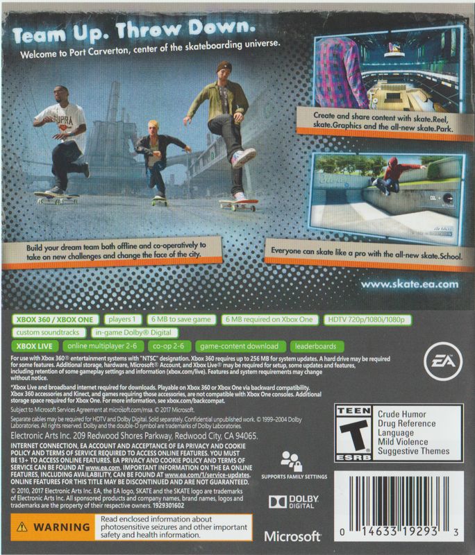 Back Cover for skate 3 (Xbox 360) (Xbox One Backwards Compatible re-release)