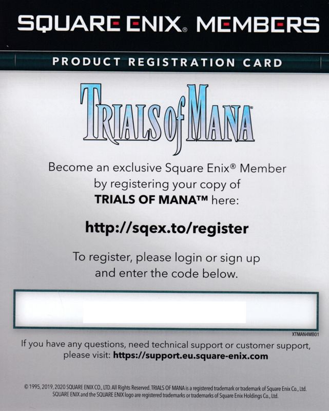 Extras for Trials of Mana (PlayStation 4): Registration Card - Front