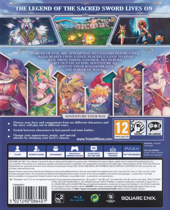 Back Cover for Trials of Mana (PlayStation 4)