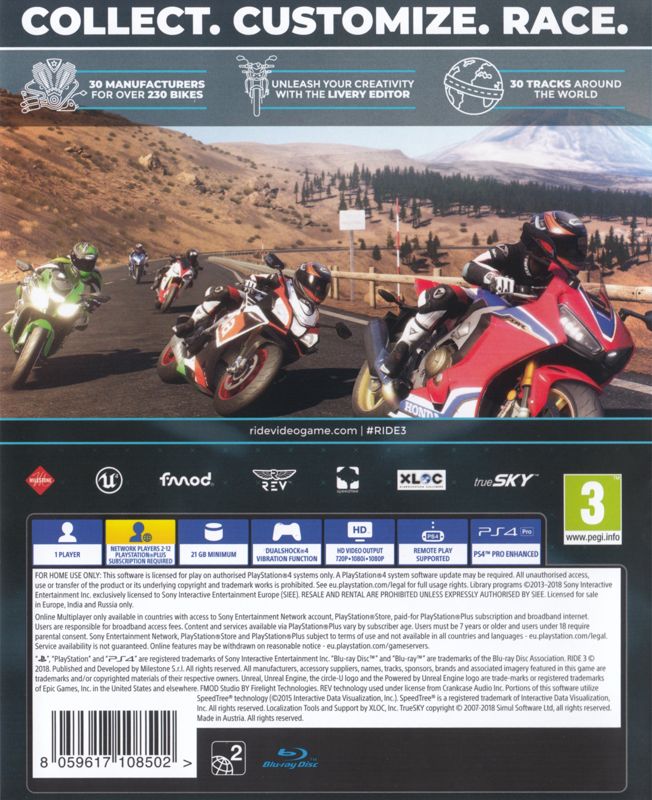 Back Cover for Ride 3 (PlayStation 4)