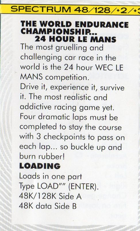 Inside Cover for WEC Le Mans 24 (ZX Spectrum) (Hit Squad budget release)