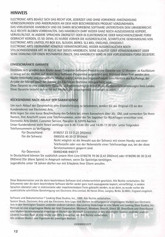 Reference Card for System Shock 2 (Windows): Back