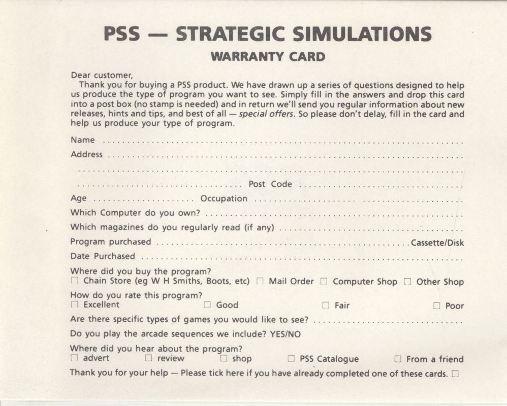 Extras for Pegasus Bridge (ZX Spectrum): Registration card