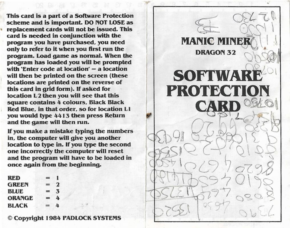 Extras for Manic Miner (Dragon 32/64): Security Card - Outside