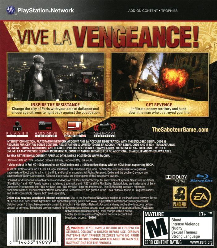 Back Cover for The Saboteur (PlayStation 3)