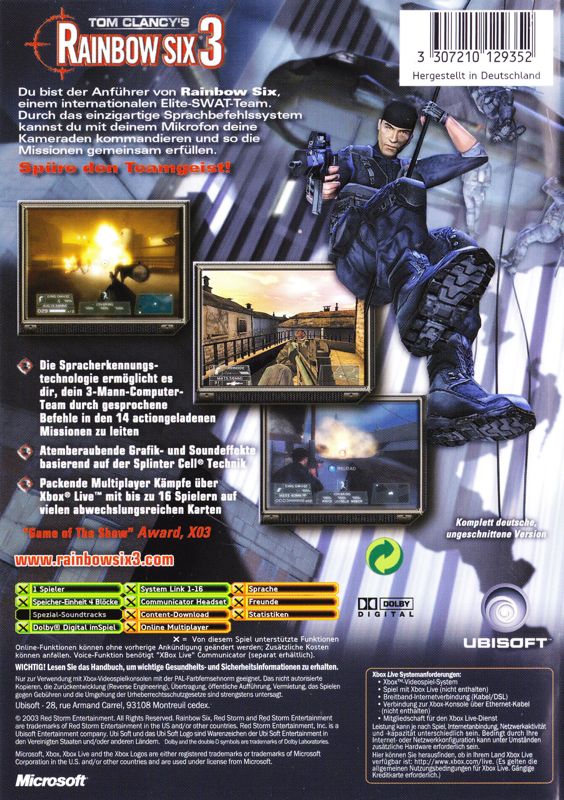 Back Cover for Tom Clancy's Rainbow Six 3 (Xbox)