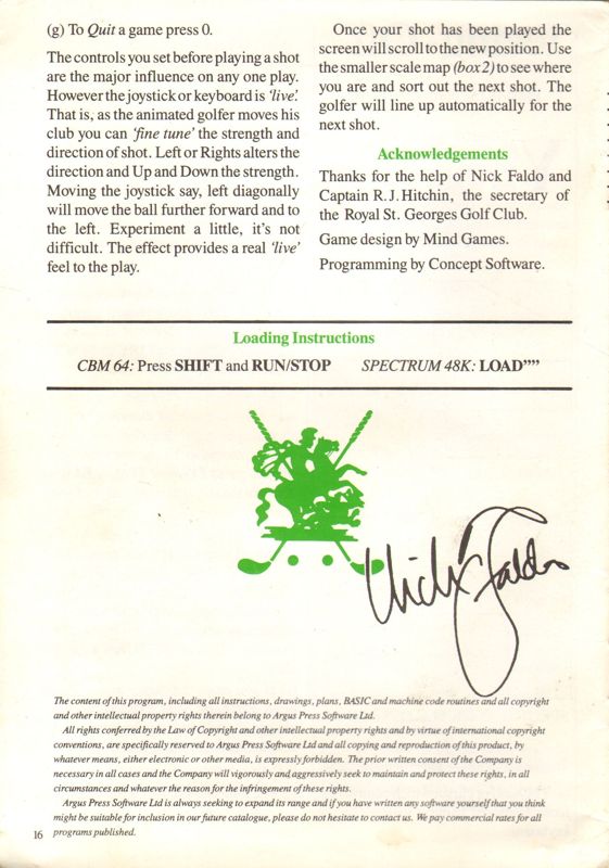 Manual for Nick Faldo Plays The Open (ZX Spectrum): back