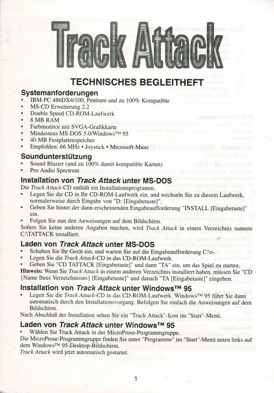 Reference Card for Track Attack (DOS): Front