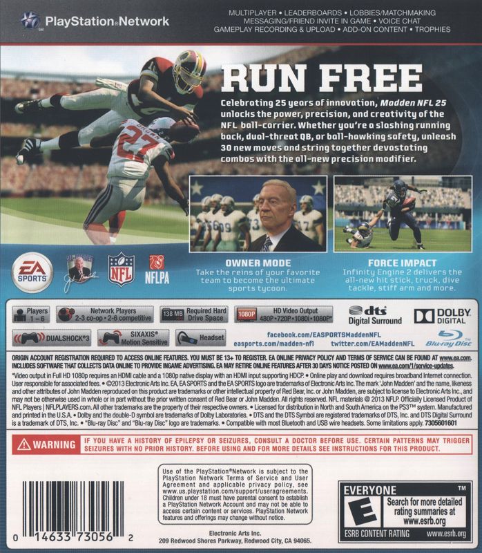 Back Cover for Madden NFL 25 (PlayStation 3)