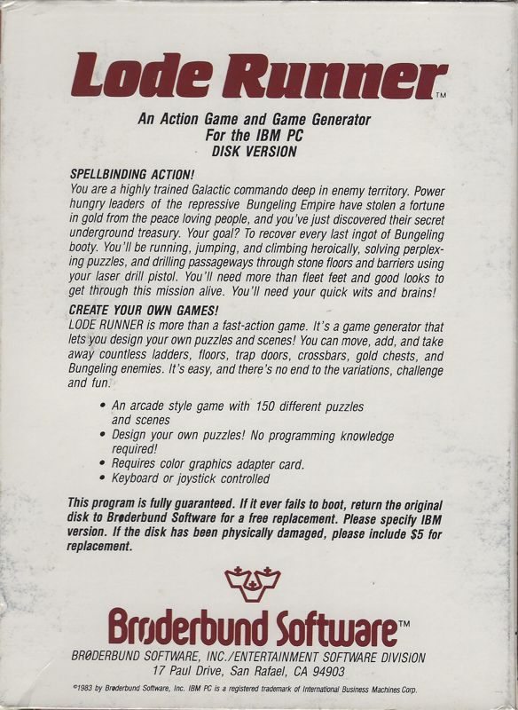 Back Cover for Lode Runner (PC Booter) (first release with hangtab on top flap)