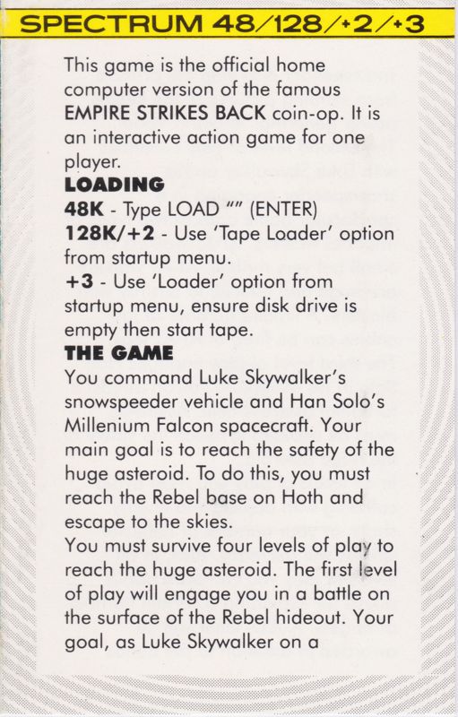 Inside Cover for Star Wars: The Empire Strikes Back (ZX Spectrum) (Budget re-release)