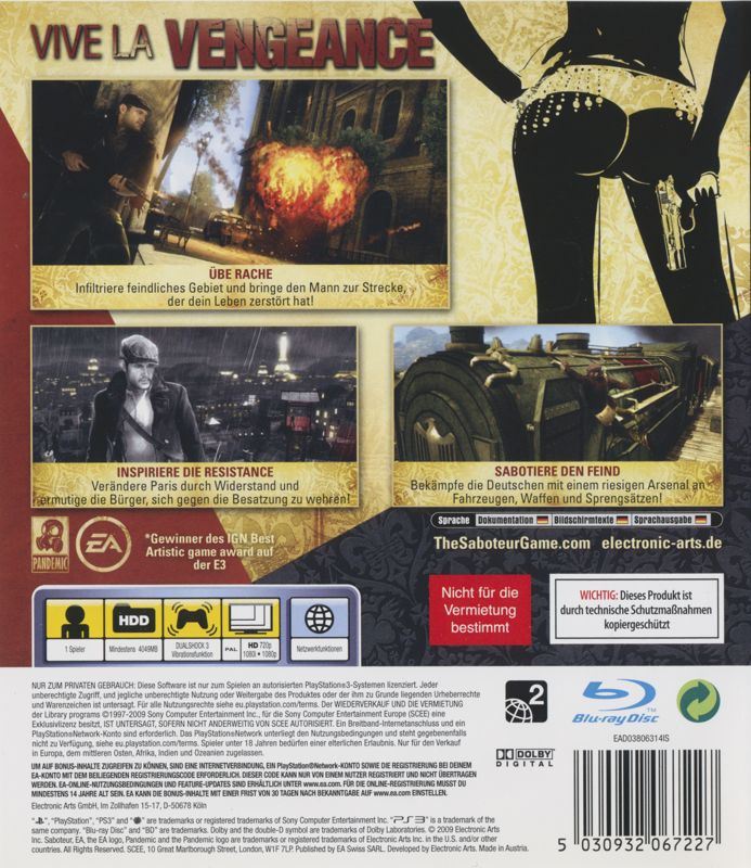 Back Cover for The Saboteur (PlayStation 3)