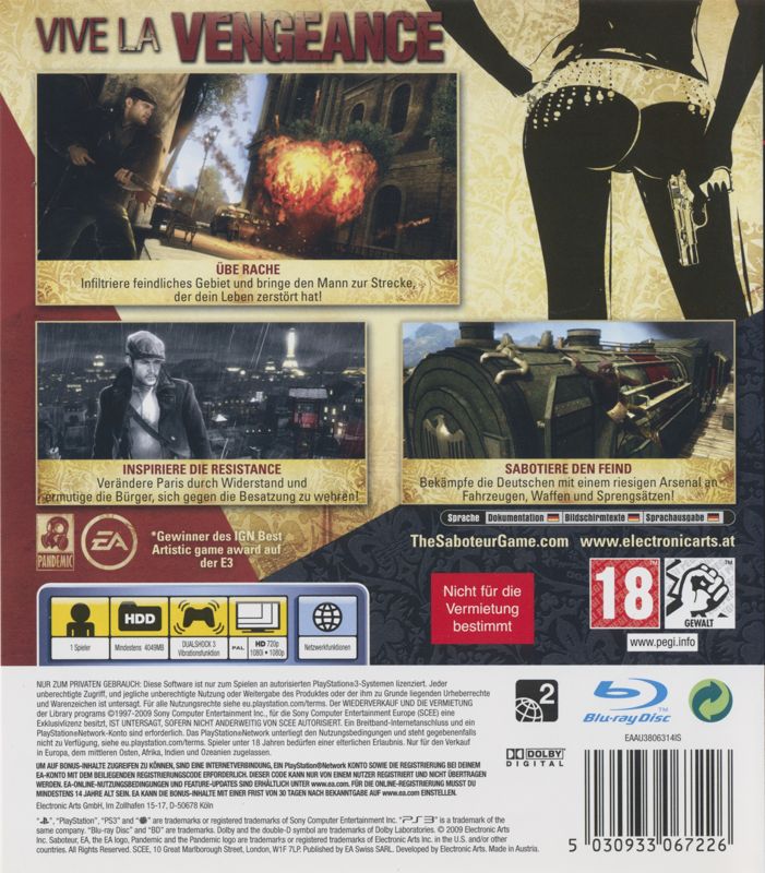 Back Cover for The Saboteur (PlayStation 3)