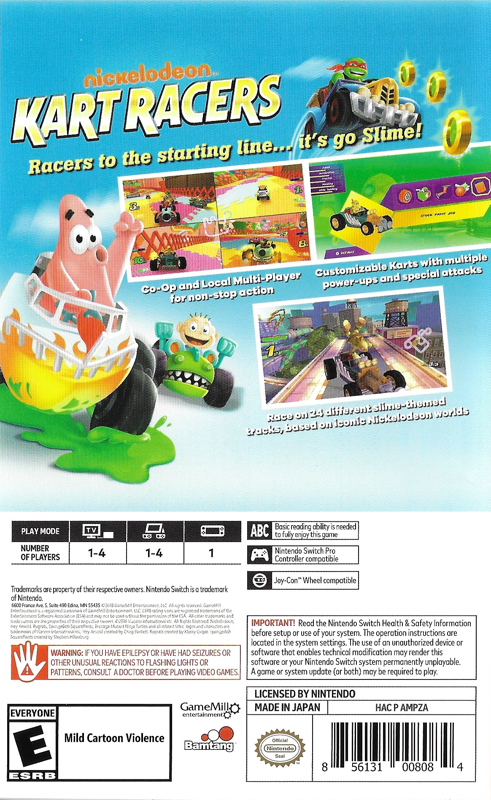 Back Cover for Nickelodeon Kart Racers (Nintendo Switch)