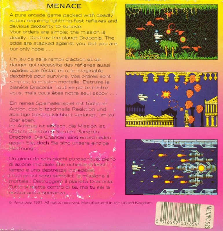 Back Cover for Menace (DOS) (5.25" Floppy release)