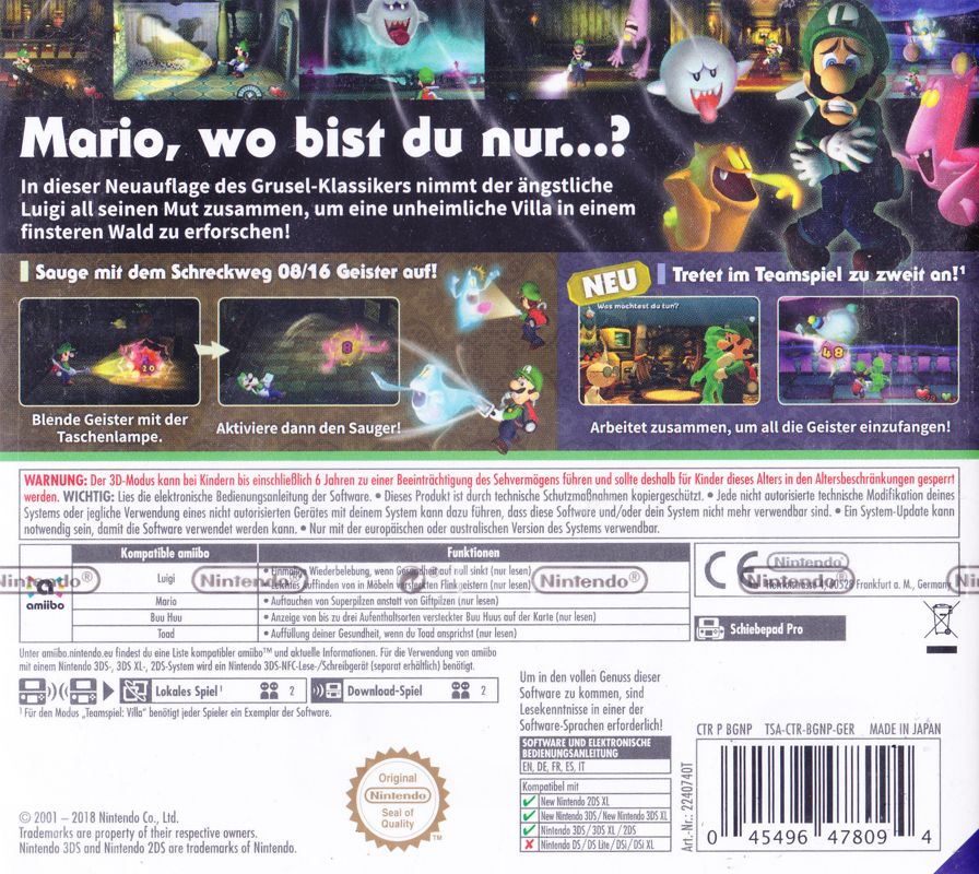 Back Cover for Luigi's Mansion (Nintendo 3DS)