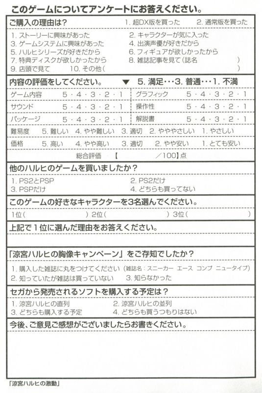 Extras for Suzumiya Haruhi no Gekidō (Wii): Registration Card - Back
