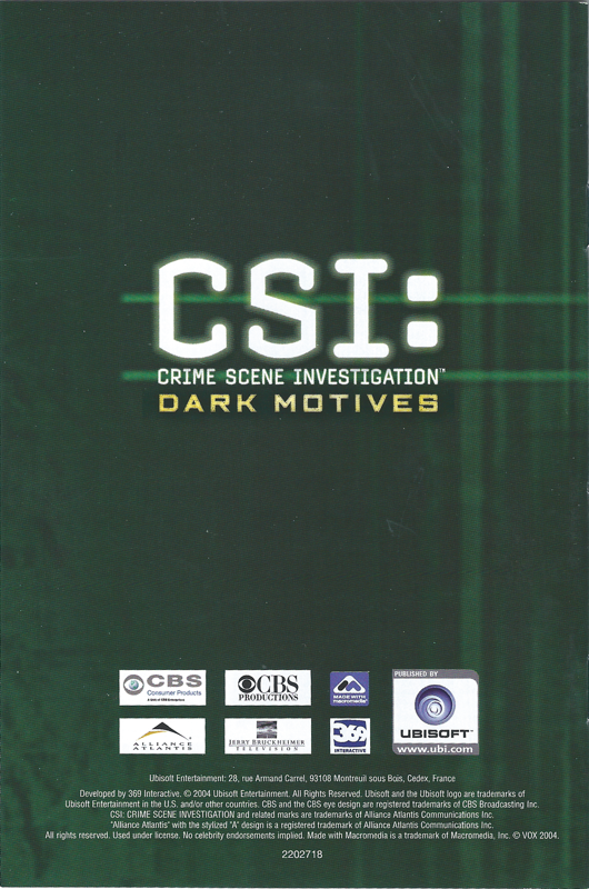 Manual for CSI: Crime Scene Investigation - Dark Motives (Windows): Back