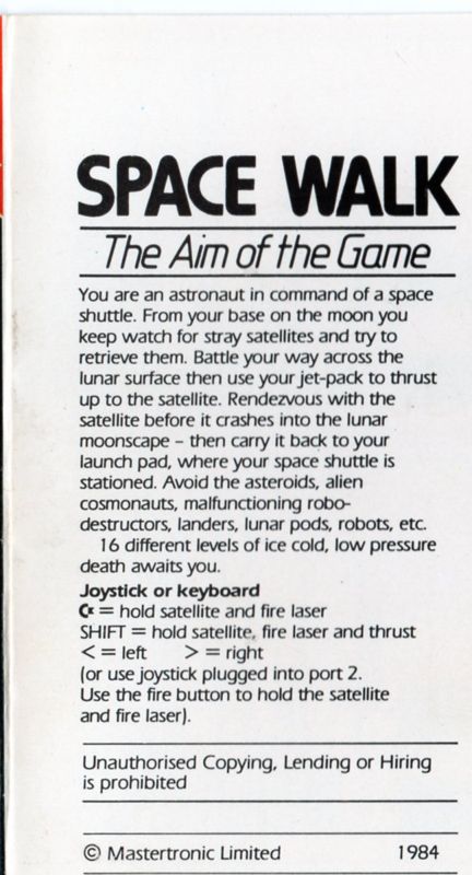 Inside Cover for Space Walk (Commodore 64)