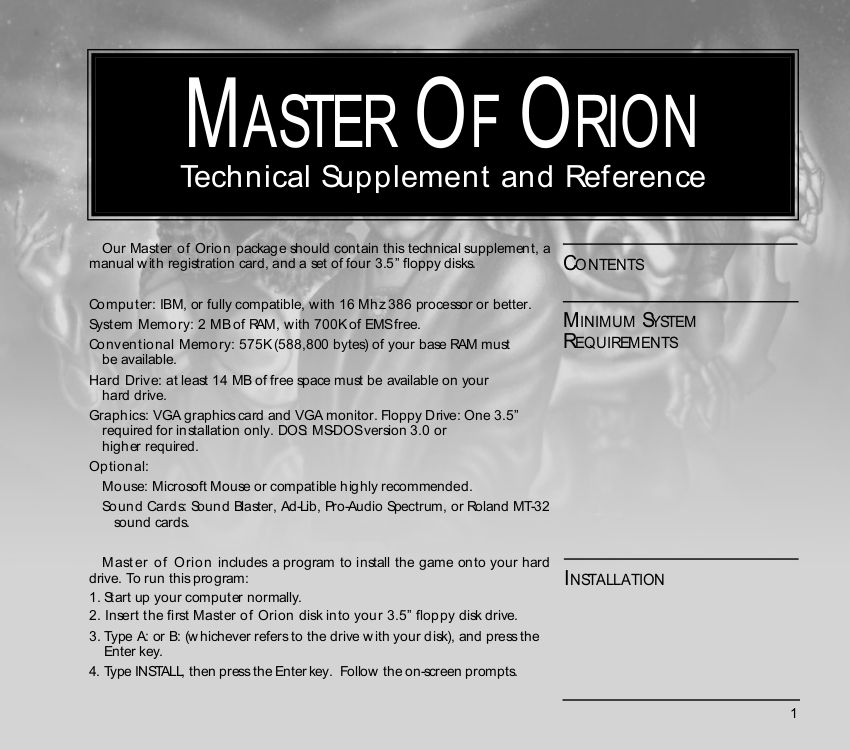 Reference Card for Master of Orion 1+2 (Linux and Macintosh and Windows) (GOG.com release): Technical Supplement - Front