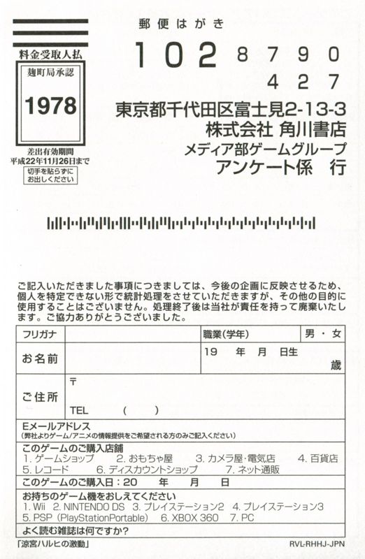 Extras for Suzumiya Haruhi no Gekidō (Wii): Registration Card - Front