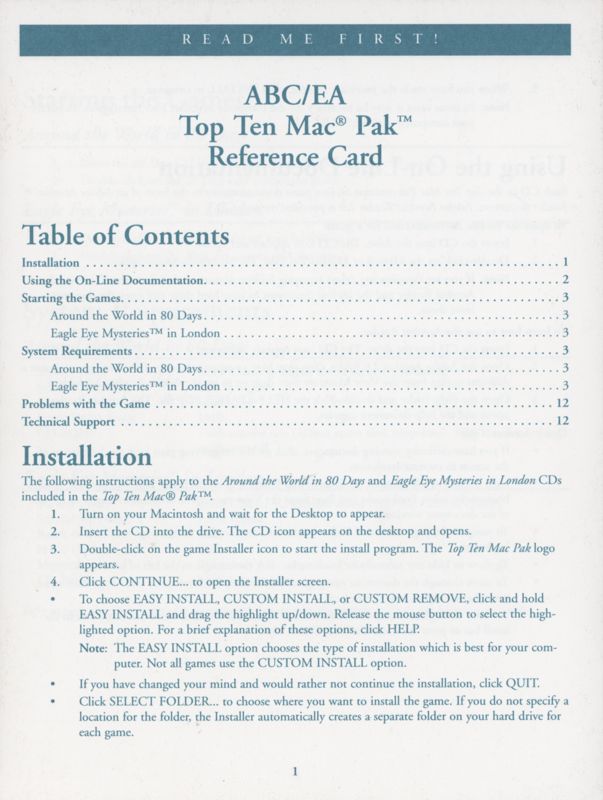 Manual for Top Ten Mac Pak (Macintosh): Front