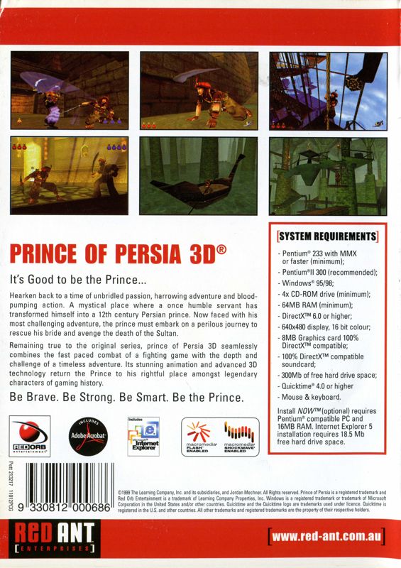 Back Cover for Prince of Persia 3D (Windows) (Big Bytes release)