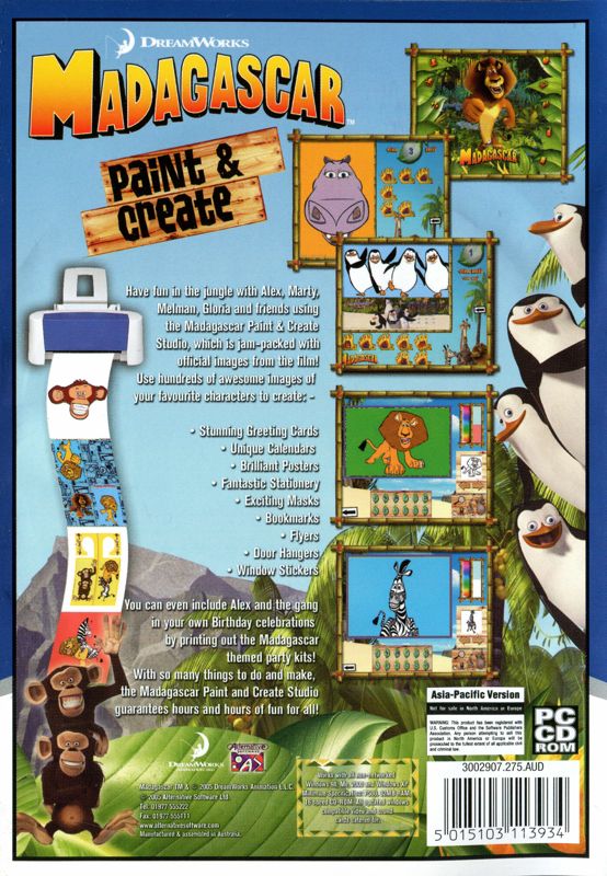 Back Cover for Dreamworks Madagascar: Paint & Create (Windows) (Essential Collection release)