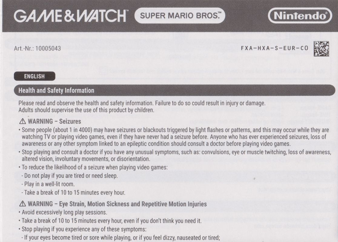 Manual for Game & Watch Color Screen: Super Mario Bros. (Dedicated handheld) (Box in Transparent Sleeve): Folded