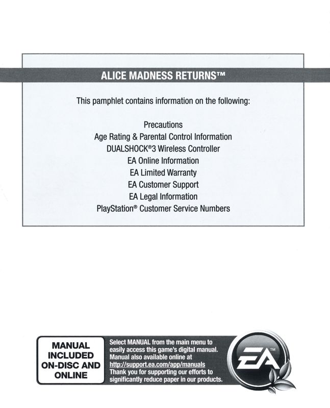 Manual for Alice: Madness Returns (PlayStation 3) (General European release): Front