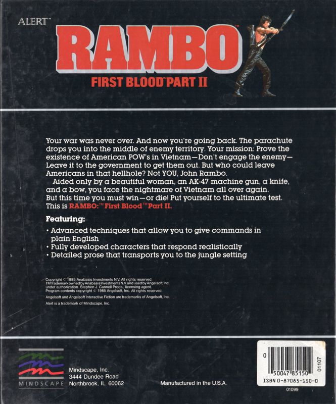 Back Cover for Rambo: First Blood Part II (Apple II)