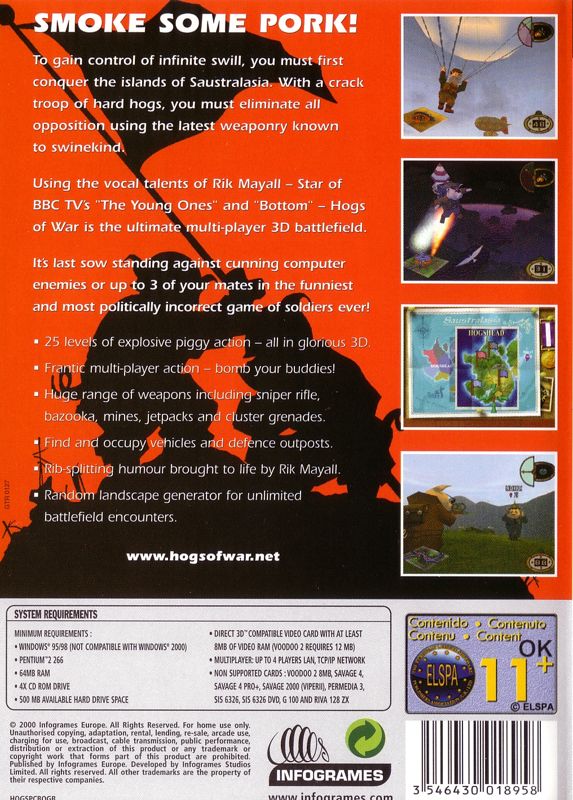 Back Cover for Hogs of War (Windows) (Best of Infogrames release)