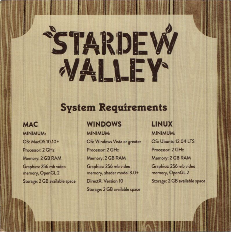 Extras for Stardew Valley (Collector's Edition) (Linux and Macintosh and Windows): (Optional) Steam Code - Back