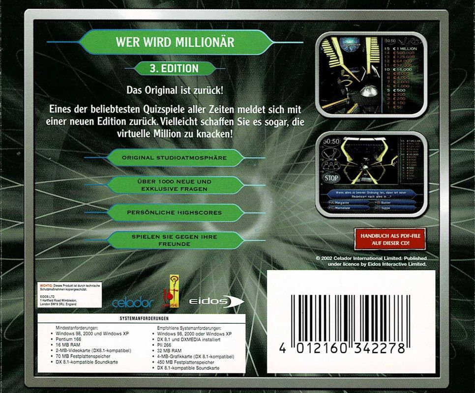 Back Cover for Who Wants to Be a Millionaire: 3rd Edition (Windows) (Software Pyramide release)