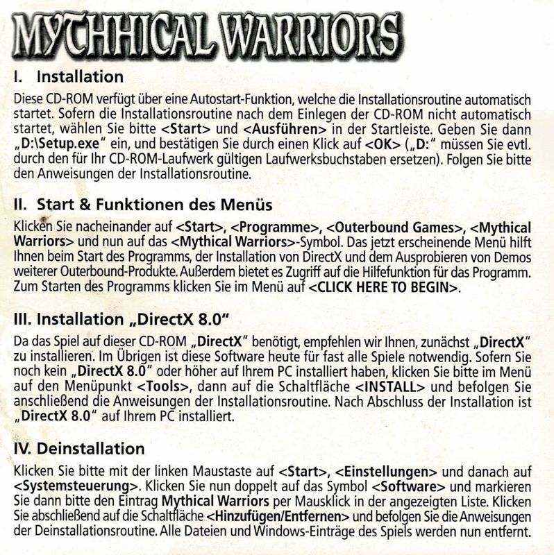 Manual for Mythical Warriors: Battle for Eastland (Windows): Front