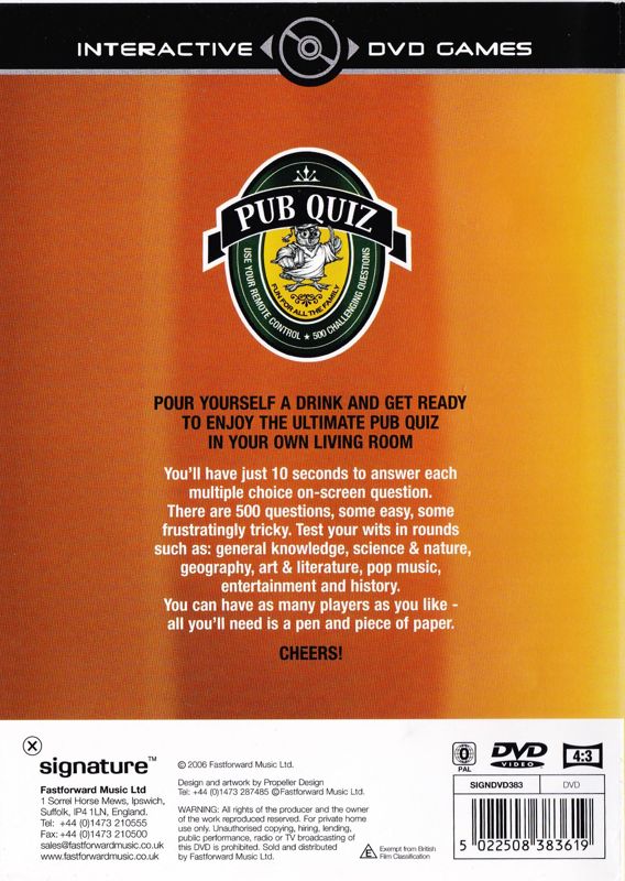 Back Cover for Pub Quiz: Volume 1 (DVD Player)