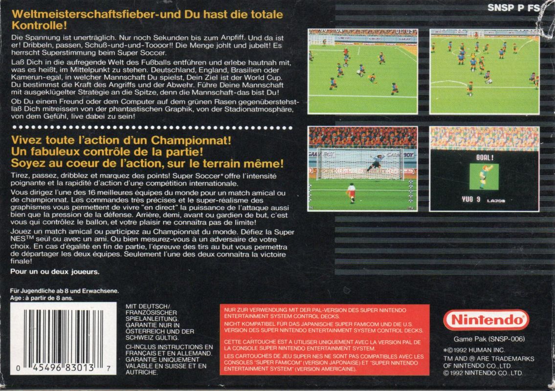 Back Cover for Super Soccer (SNES) (Swiss Release)