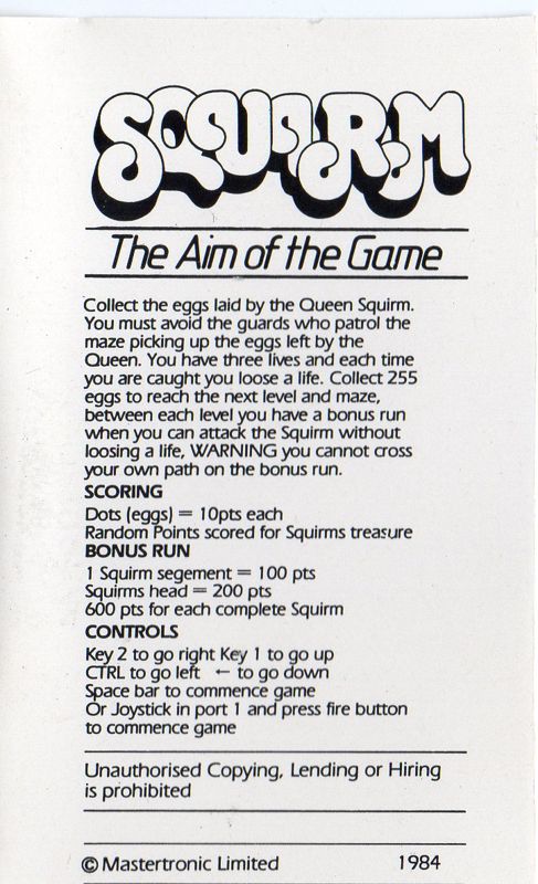 Inside Cover for Squirm (Commodore 64)