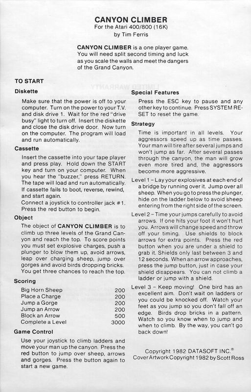 Manual for Canyon Climber (Atari 8-bit) (Cassette release)
