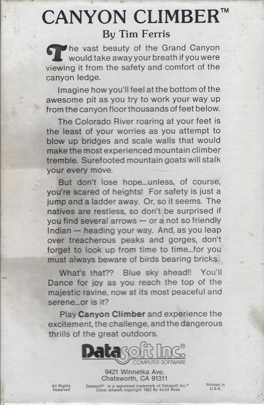 Back Cover for Canyon Climber (Atari 8-bit) (Cassette release)