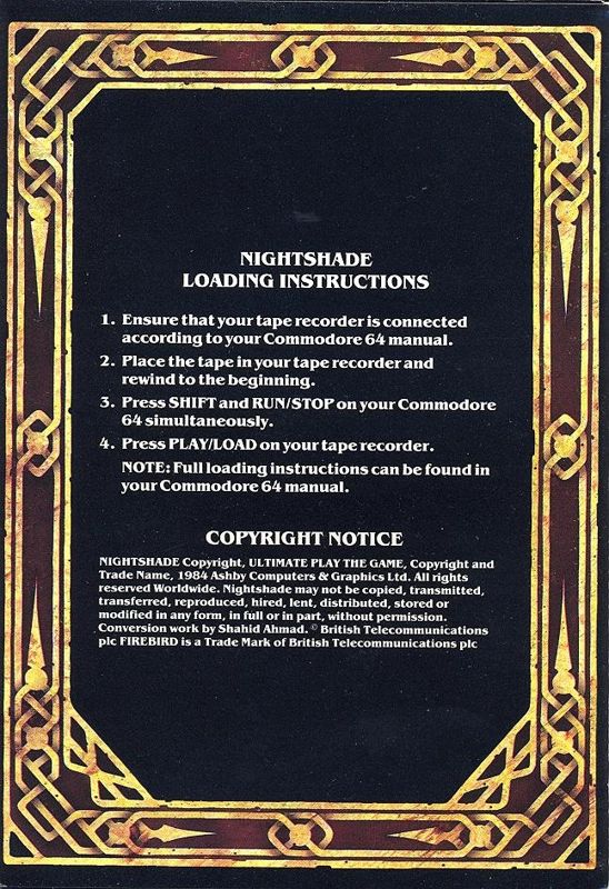 Manual for Nightshade (Commodore 64): Back