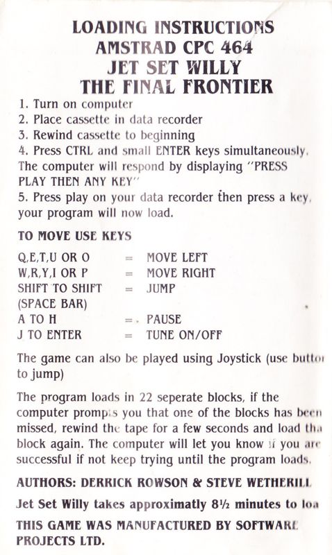 Inside Cover for Jet Set Willy II: The Final Frontier (Amstrad CPC): Loading Instructions