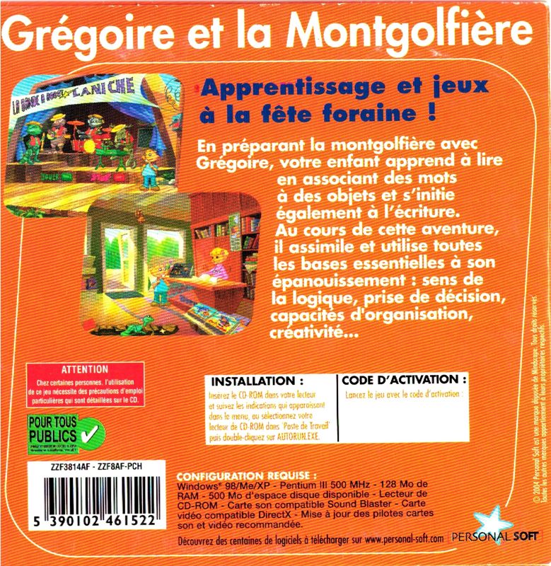 Back Cover for Gregory and the Hot Air Balloon (Windows) (Personal Soft 1 €uro release)