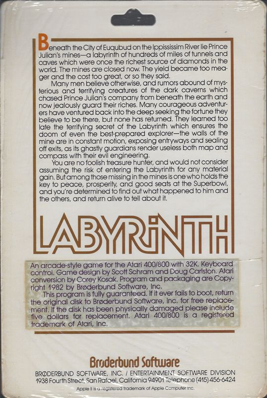 Back Cover for Labyrinth (Atari 8-bit)