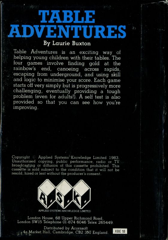 Back Cover for Table Adventures (BBC Micro)