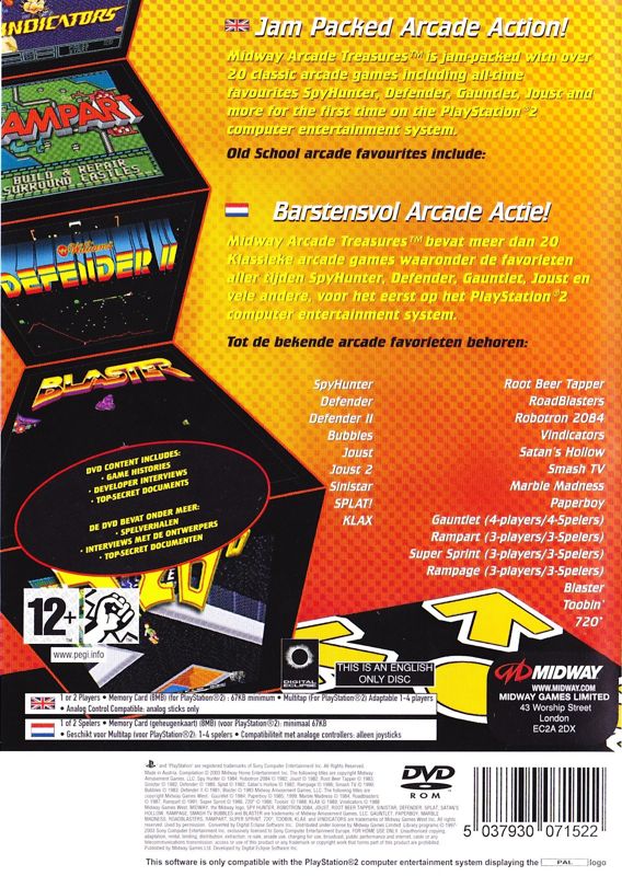 Back Cover for Midway Arcade Treasures (PlayStation 2) (Re-release)